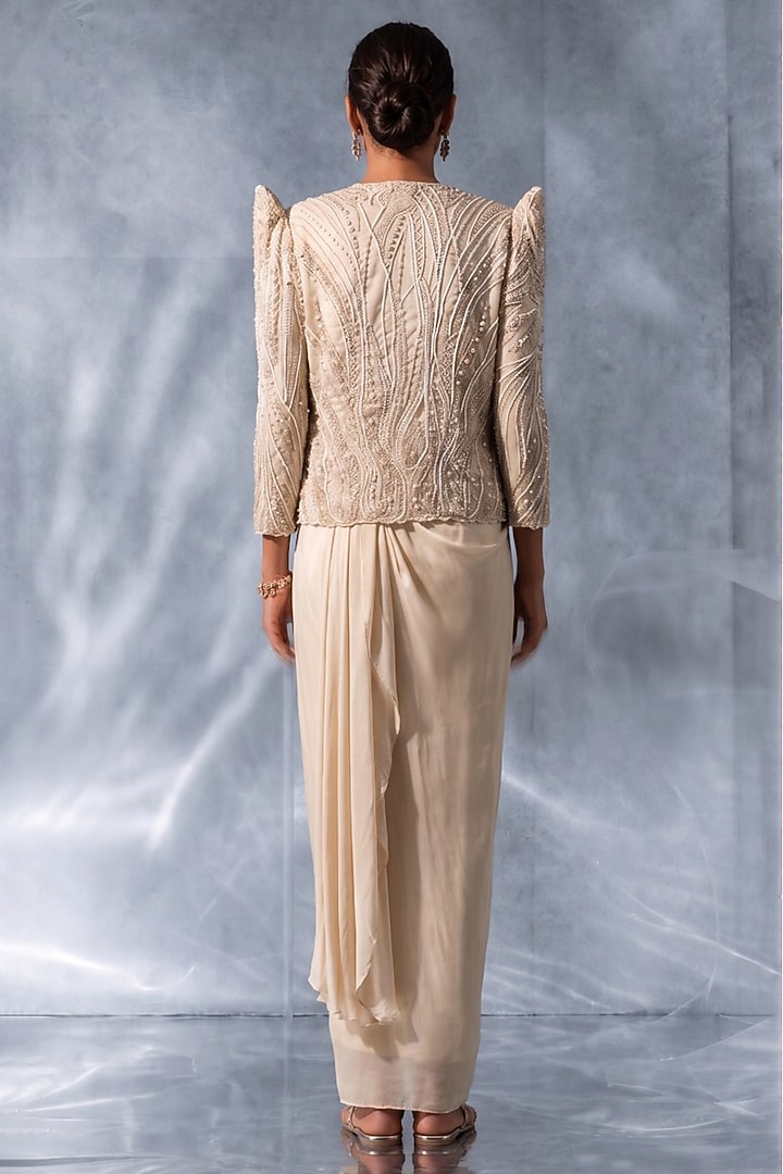 Off-White Organza Jacket Draped Wedding Saree Set by Kalighata Pret at Pernia's Pop Up Shop