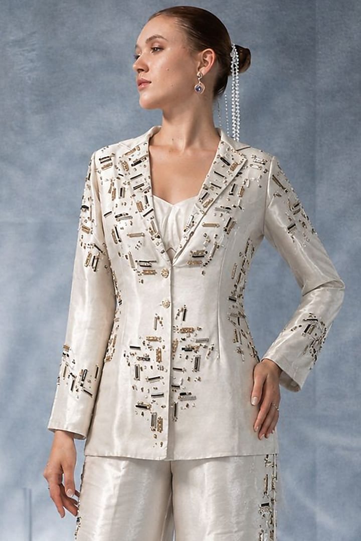 Ivory Tissue Jacket Set by Kalighata Pret at Pernia's Pop Up Shop