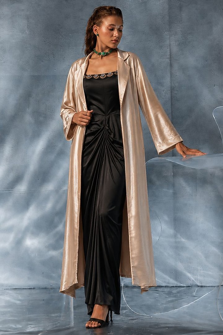 Black Satin Jacket Cocktail Dress by Kalighata Pret at Pernia's Pop Up Shop