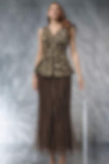 Coffee Brown Net Wedding Sharara Set by Kalighata Pret at Pernia's Pop Up Shop