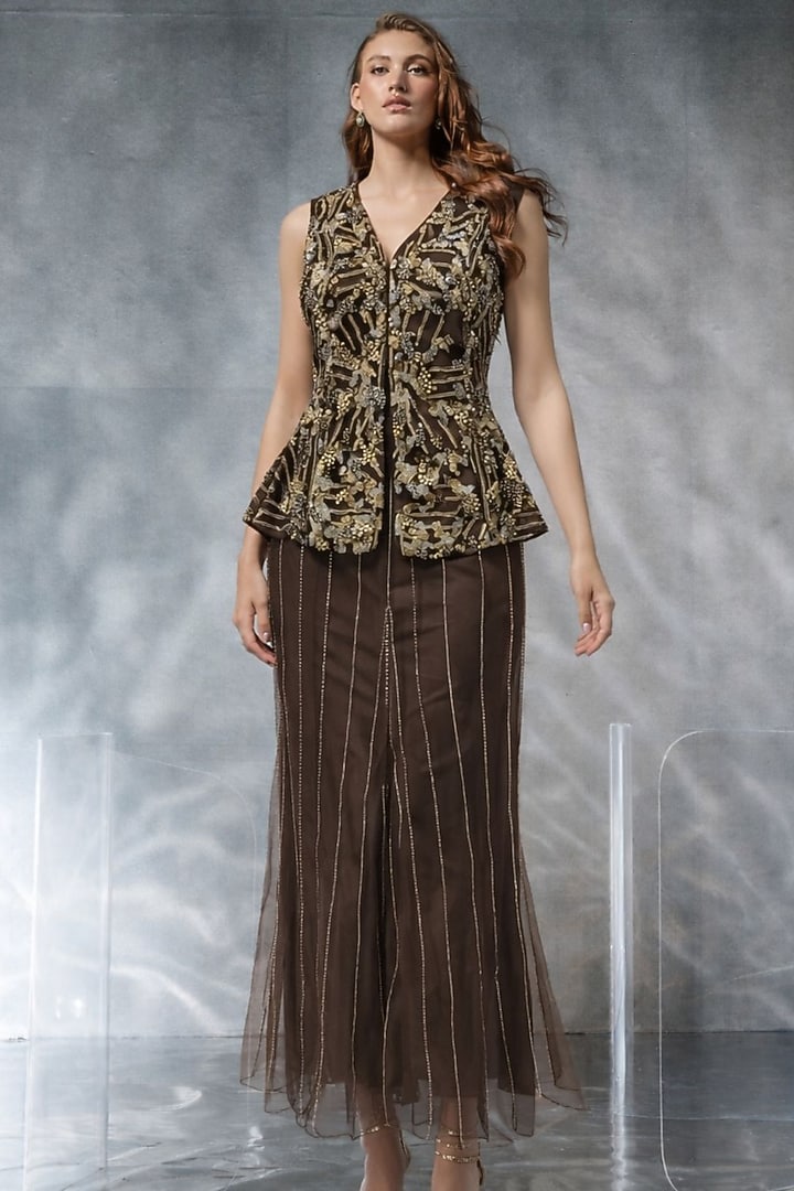 Coffee Brown Net Wedding Sharara Set by Kalighata Pret at Pernia's Pop Up Shop
