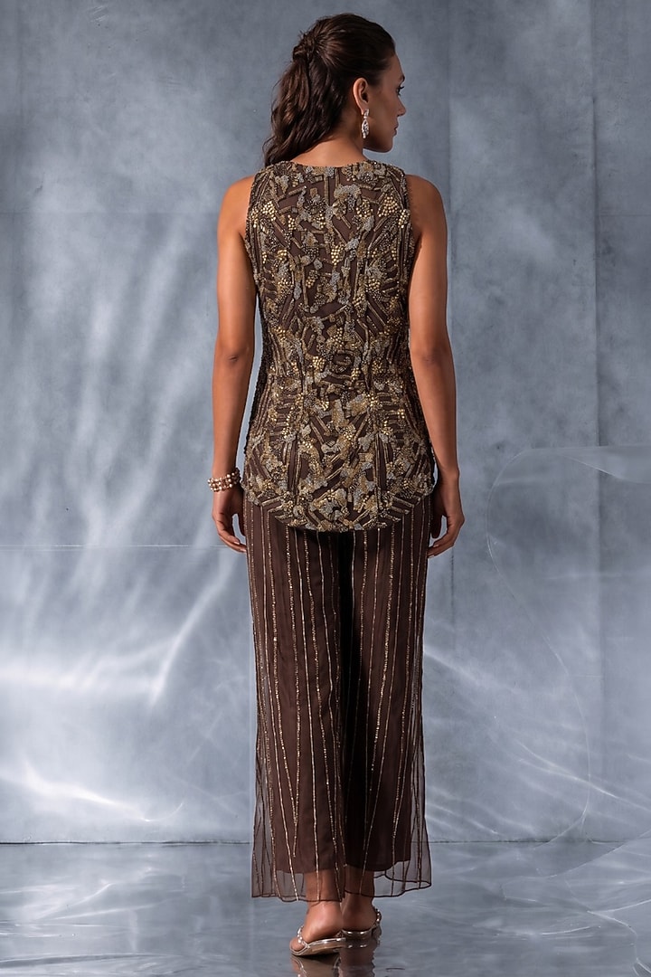 Coffee Brown Net Wedding Sharara Set by Kalighata Pret at Pernia's Pop Up Shop