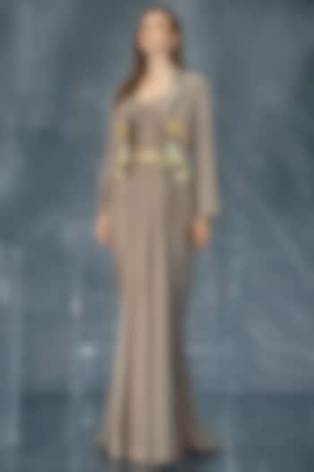Grey Lycra Draped Engagement Gown With Crop Blazer by Kalighata Pret at Pernia's Pop Up Shop