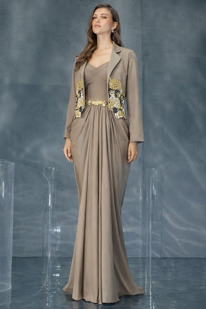 Grey Lycra Draped Engagement Gown With Crop Blazer by Kalighata Pret at Pernia's Pop Up Shop