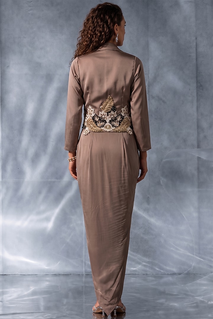 Grey Lycra Draped Engagement Gown With Crop Blazer by Kalighata Pret at Pernia's Pop Up Shop