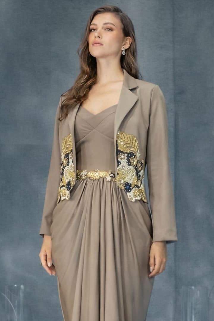 Grey Lycra Draped Engagement Gown With Crop Blazer by Kalighata Pret at Pernia's Pop Up Shop