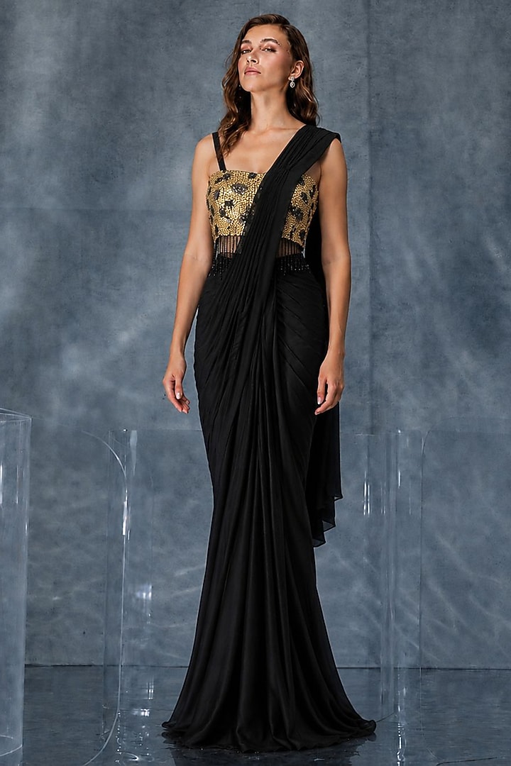 Black Satin Silk Draped Wedding Saree Set by Kalighata Pret at Pernia's Pop Up Shop