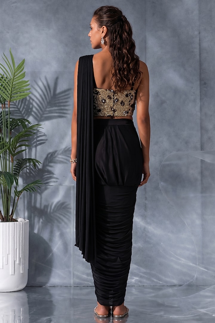 Black Satin Silk Draped Wedding Saree Set by Kalighata Pret at Pernia's Pop Up Shop