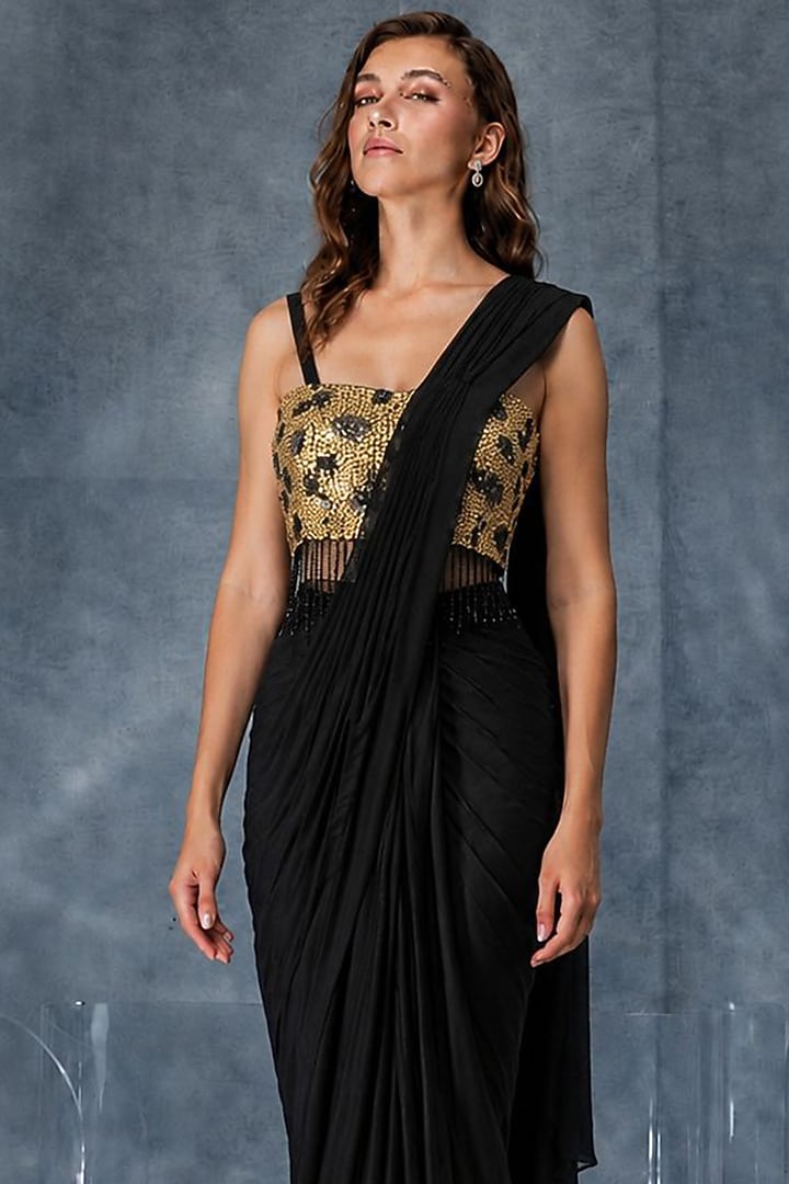 Black Satin Silk Draped Wedding Saree Set by Kalighata Pret at Pernia's Pop Up Shop
