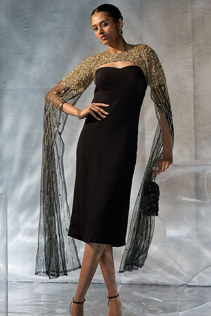 Black Crepe Engagement Gown With Gold Cape by Kalighata Pret at Pernia's Pop Up Shop