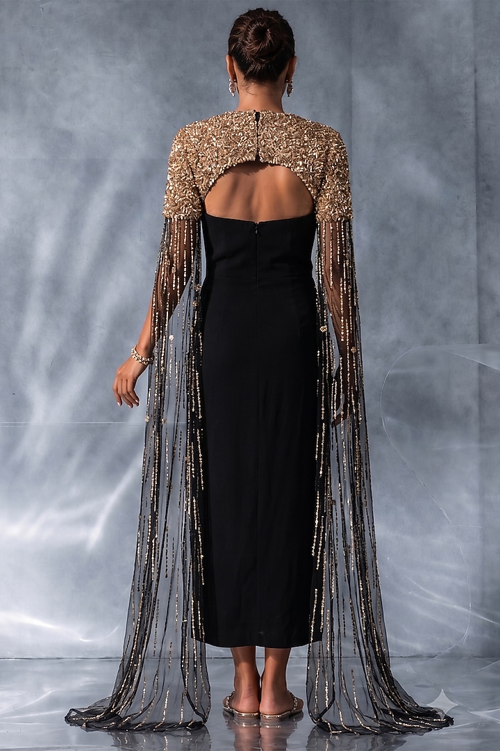 Black Crepe Engagement Gown With Gold Cape by Kalighata Pret at Pernia's Pop Up Shop