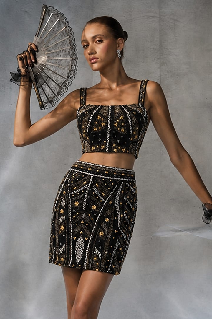 Black Net Embellished Skirt Set by Kalighata Pret at Pernia's Pop Up Shop