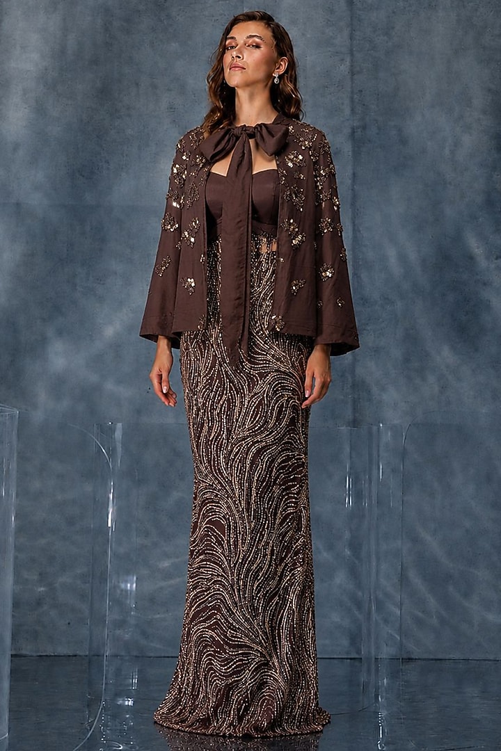Brown Net Skirt Set by Kalighata Pret at Pernia's Pop Up Shop