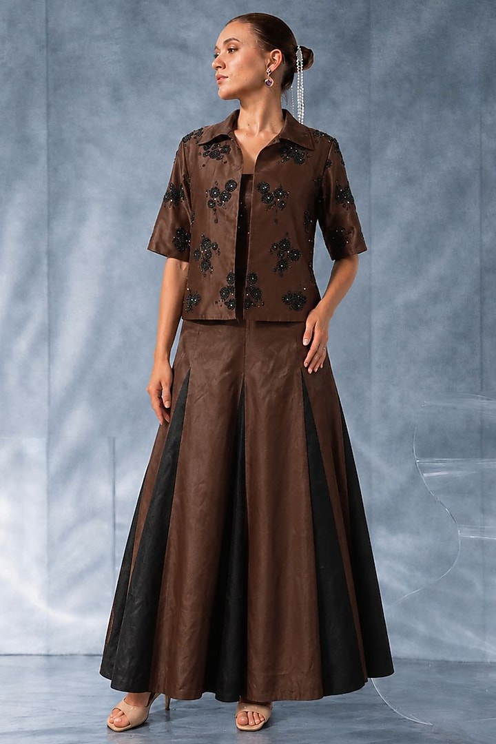 Dark Brown Satin Godet Skirt Set by Kalighata Pret at Pernia's Pop Up Shop