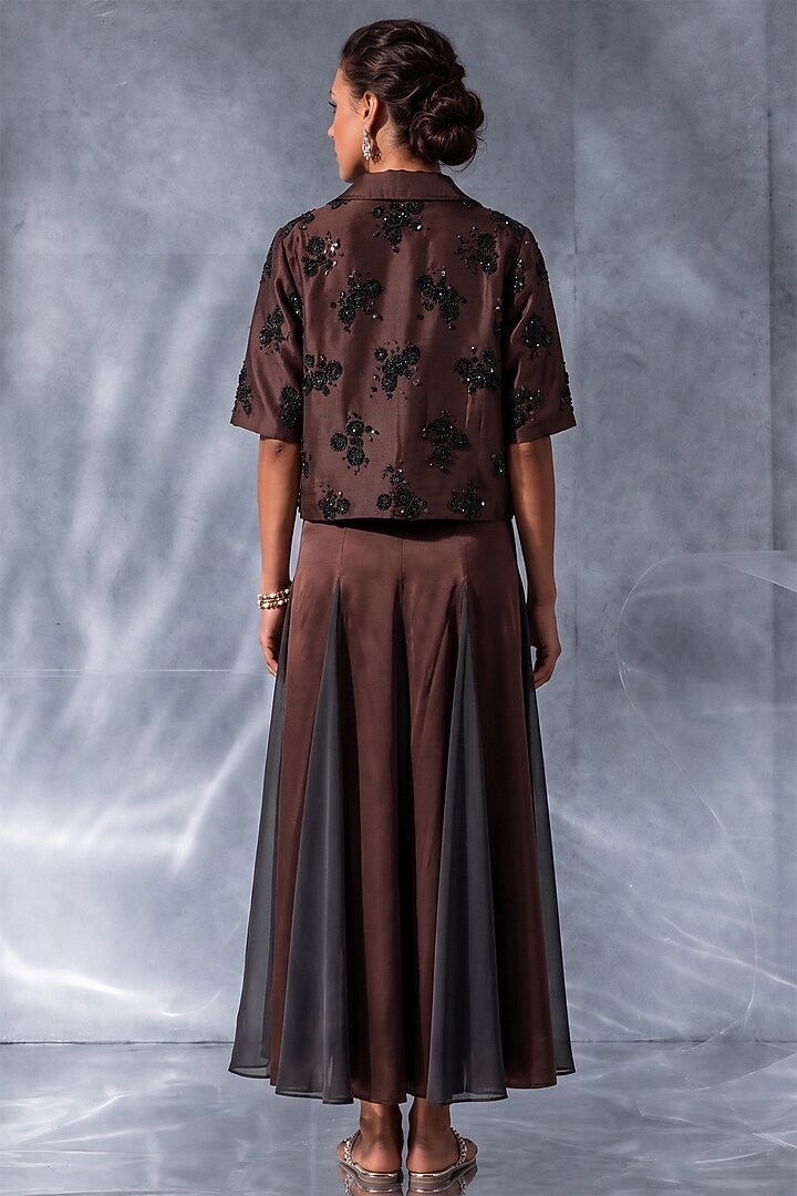 Dark Brown Satin Godet Skirt Set by Kalighata Pret at Pernia's Pop Up Shop