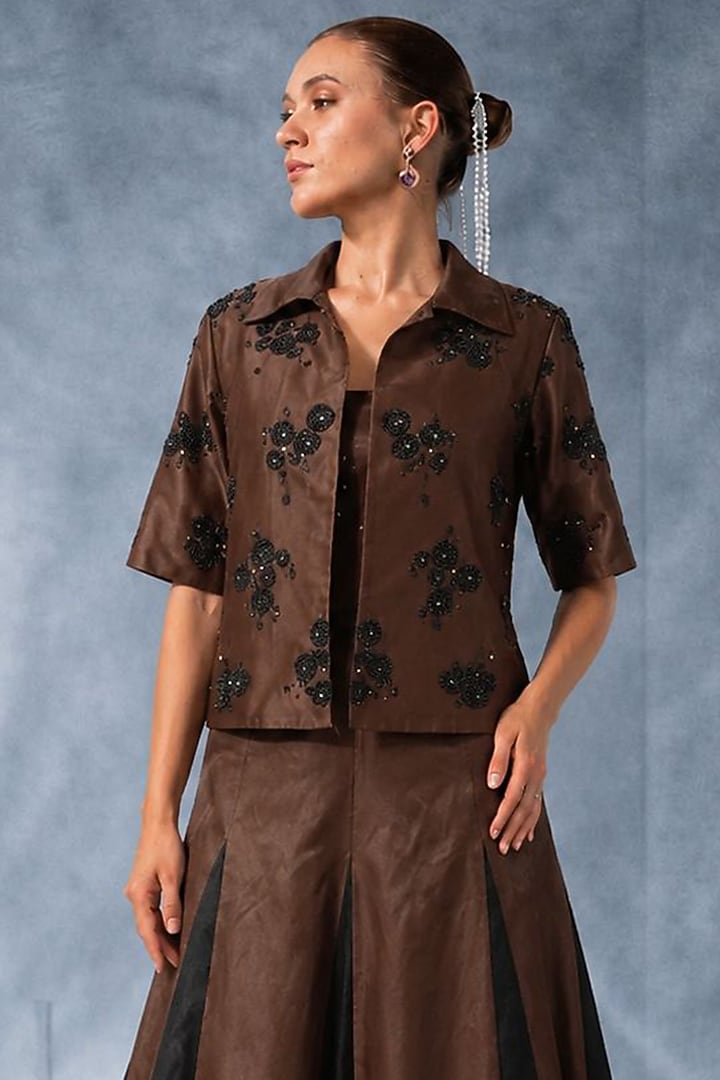 Dark Brown Satin Godet Skirt Set by Kalighata Pret at Pernia's Pop Up Shop