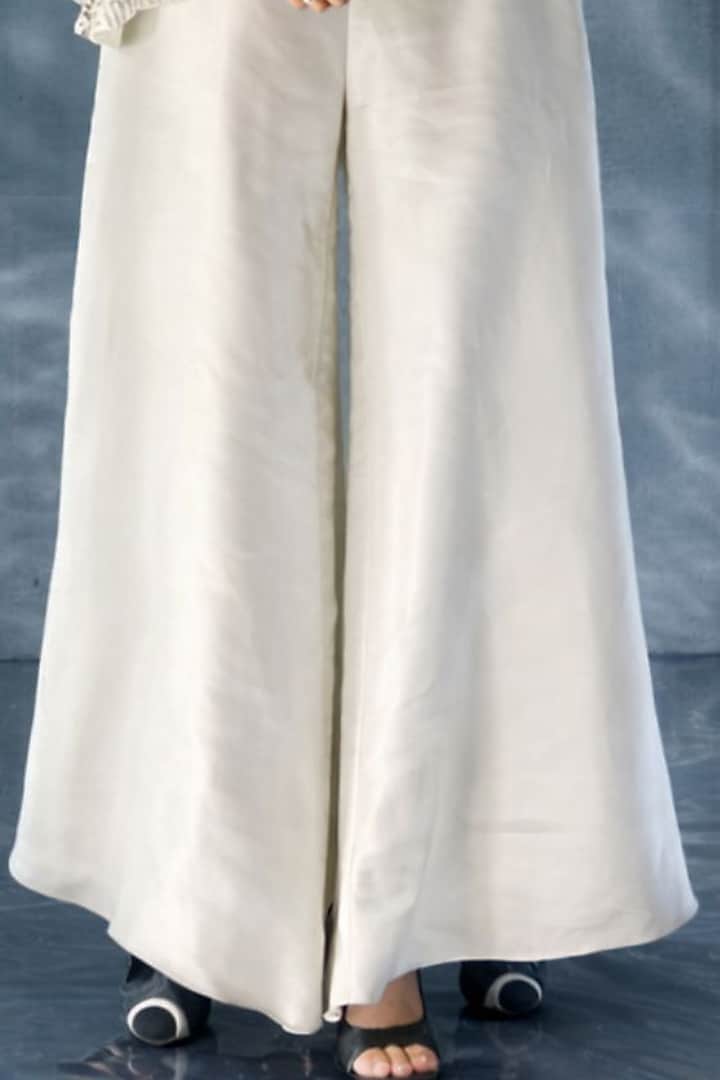 Ivory Silk Satin Flared Pant Set by Kalighata Pret at Pernia's Pop Up Shop