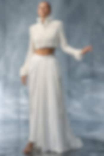White Silk Satin Draped Skirt Set by Kalighata Pret at Pernia's Pop Up Shop