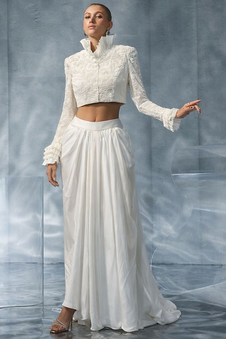 White Silk Satin Draped Skirt Set by Kalighata Pret at Pernia's Pop Up Shop