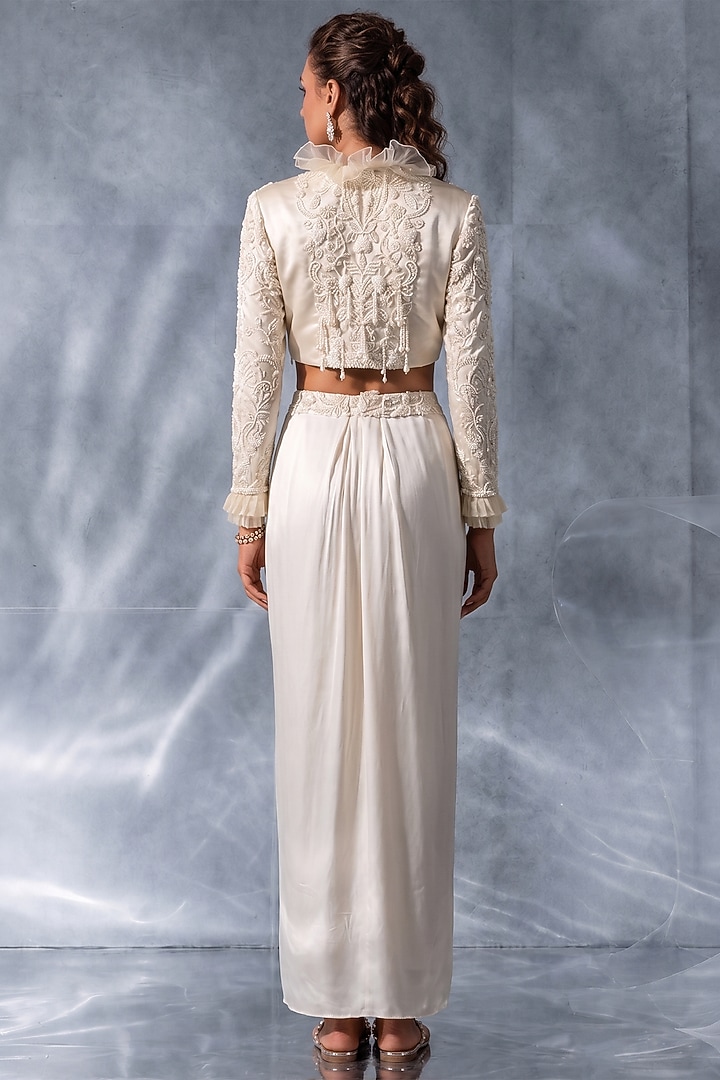 White Silk Satin Draped Skirt Set by Kalighata Pret at Pernia's Pop Up Shop