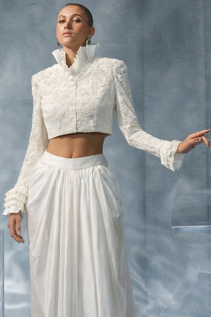 White Silk Satin Draped Skirt Set by Kalighata Pret at Pernia's Pop Up Shop