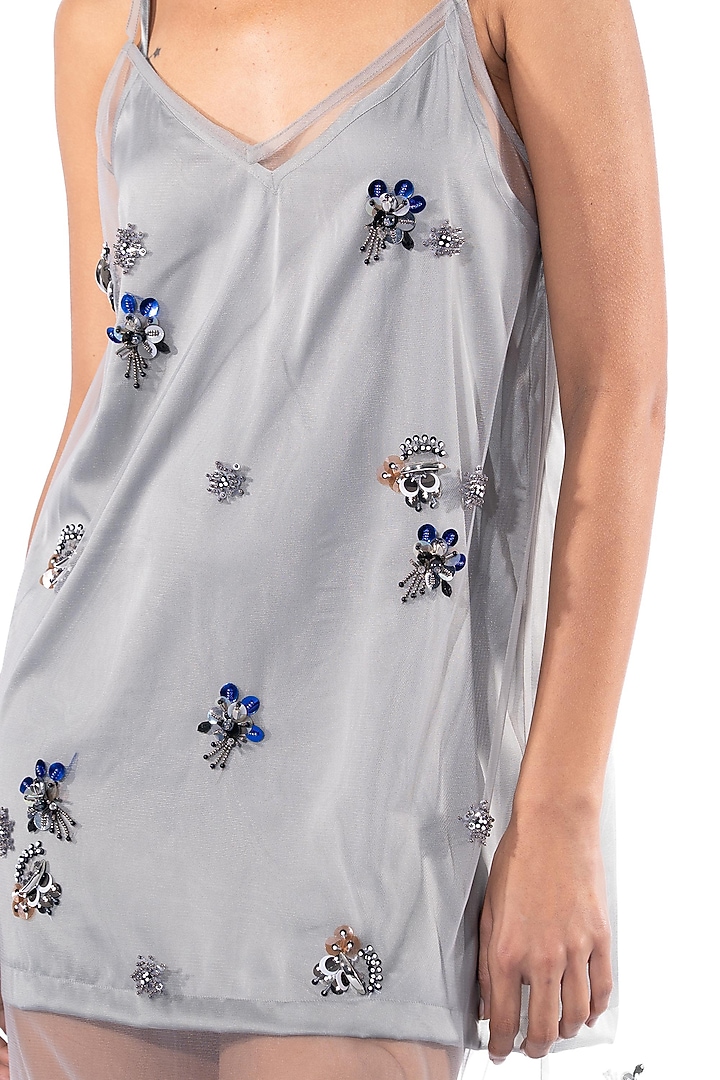 Grey Net & Satin Embellished Slip Vacation Dress by Kanika Goyal at Pernia's Pop Up Shop