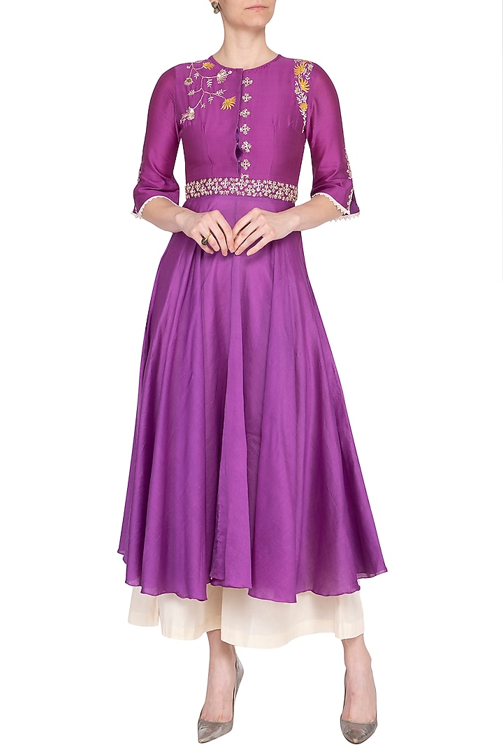 Purple embroidered Party Wear Anarkali with palazzo pants by KAIA at Pernia's Pop Up Shop