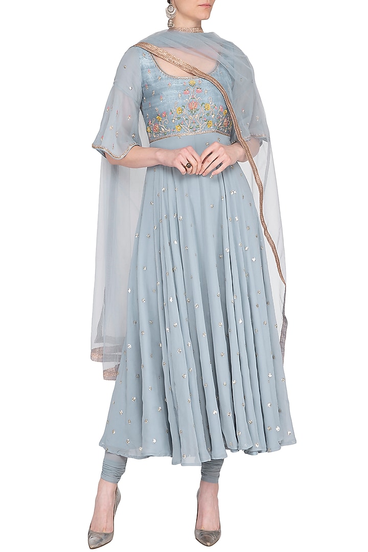 Bluish grey embroidered Party Wear Anarkali set by KAIA at Pernia's Pop Up Shop