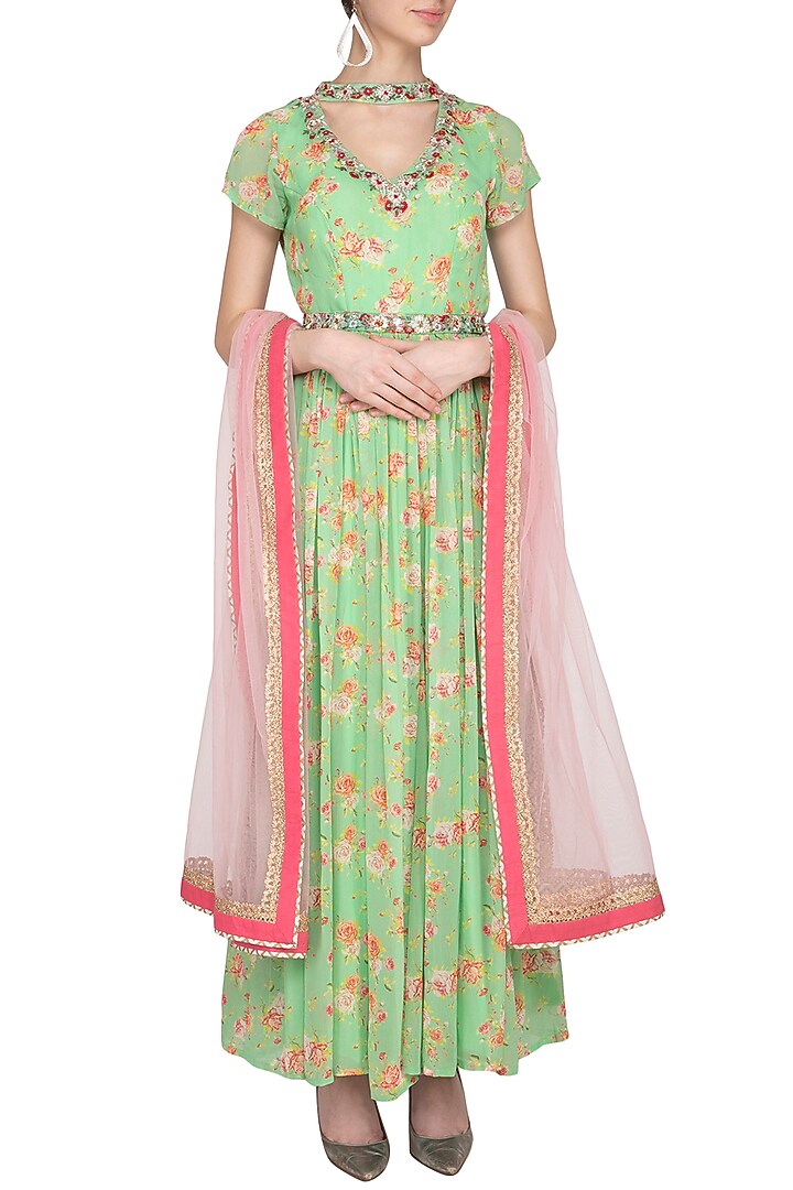 Light Green Printed Embroidered Wedding Anarkali Set With Belt by Kaia at Pernia's Pop Up Shop