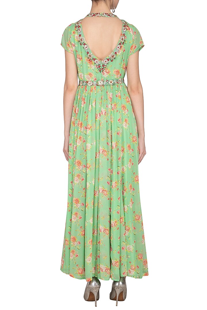 Light Green Printed Embroidered Wedding Anarkali Set With Belt by Kaia at Pernia's Pop Up Shop
