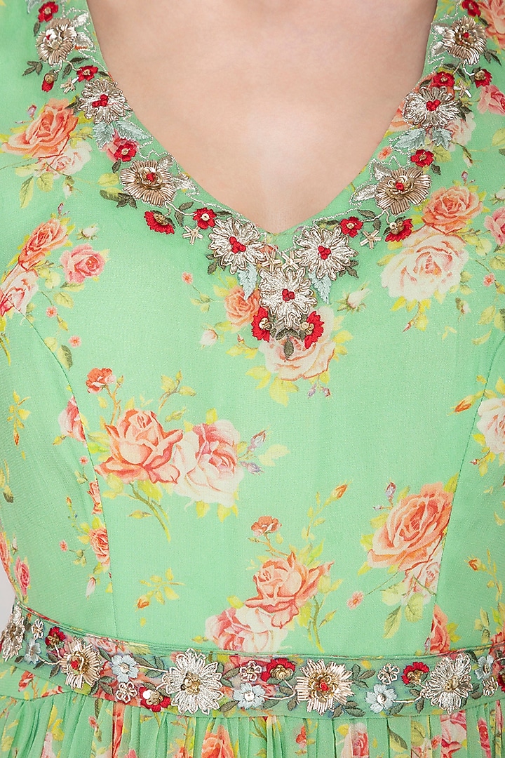 Light Green Printed Embroidered Wedding Anarkali Set With Belt by Kaia at Pernia's Pop Up Shop