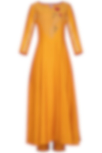 Apricot Yellow Embroidered Anarkali Set by Kaia