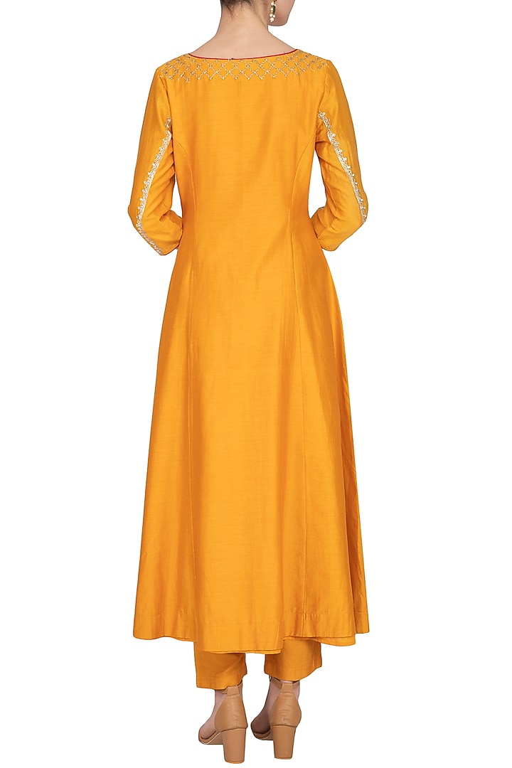 Apricot Yellow Embroidered Party Wear Anarkali Set by Kaia at Pernia's Pop Up Shop