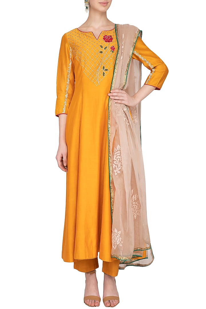 Apricot Yellow Embroidered Party Wear Anarkali Set by Kaia at Pernia's Pop Up Shop