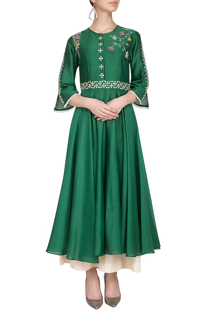 Emerald Green Embroidered Party Wear Anarkali Set by Kaia at Pernia's Pop Up Shop