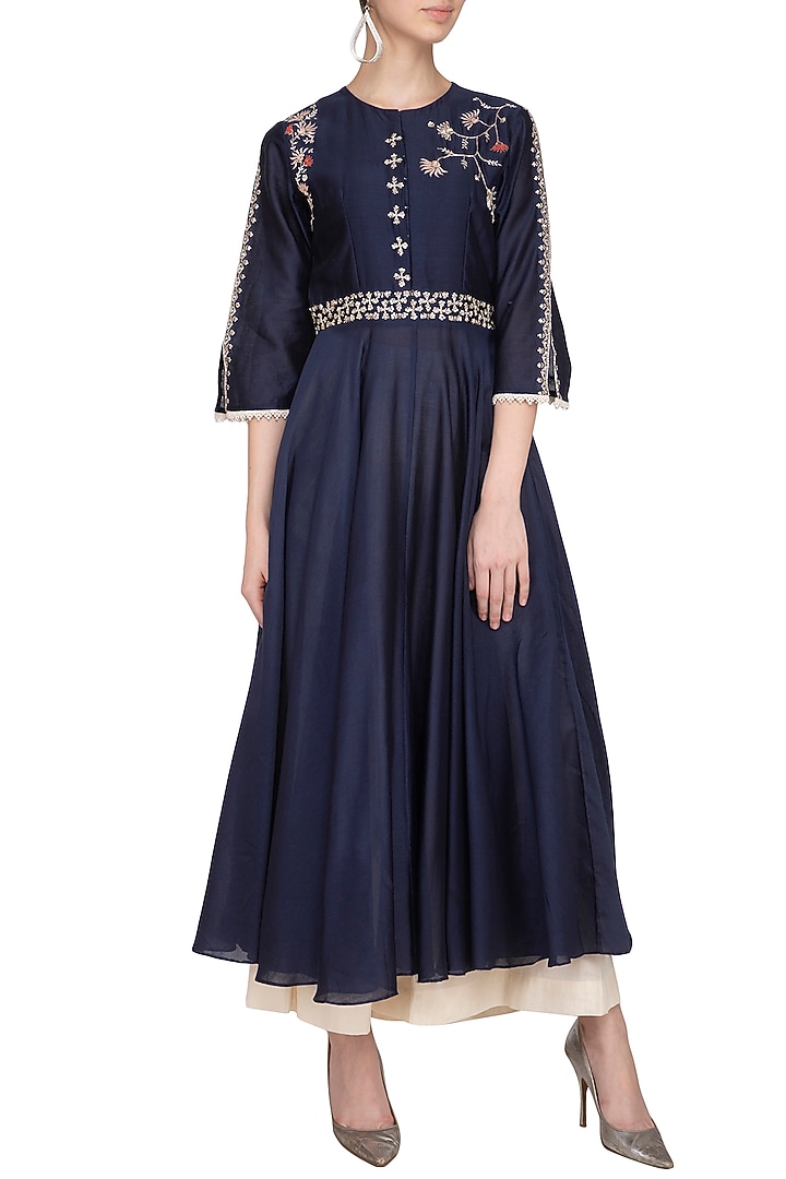 Indigo Blue Embroidered Party Wear Anarkali Set by Kaia at Pernia's Pop Up Shop