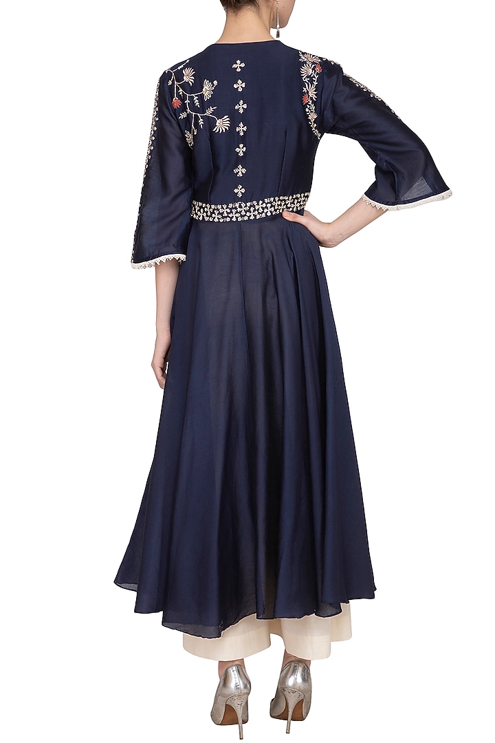 Indigo Blue Embroidered Party Wear Anarkali Set by Kaia at Pernia's Pop Up Shop