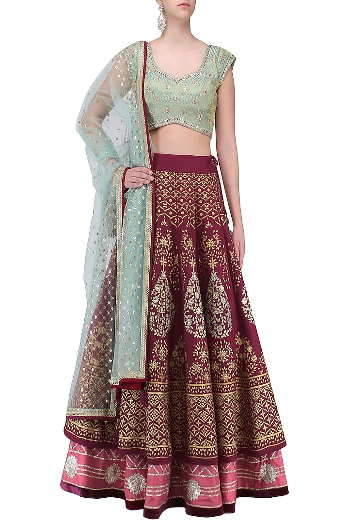 Wine and aqua embroidered lehenga set available only at Pernia's Pop Up Shop.