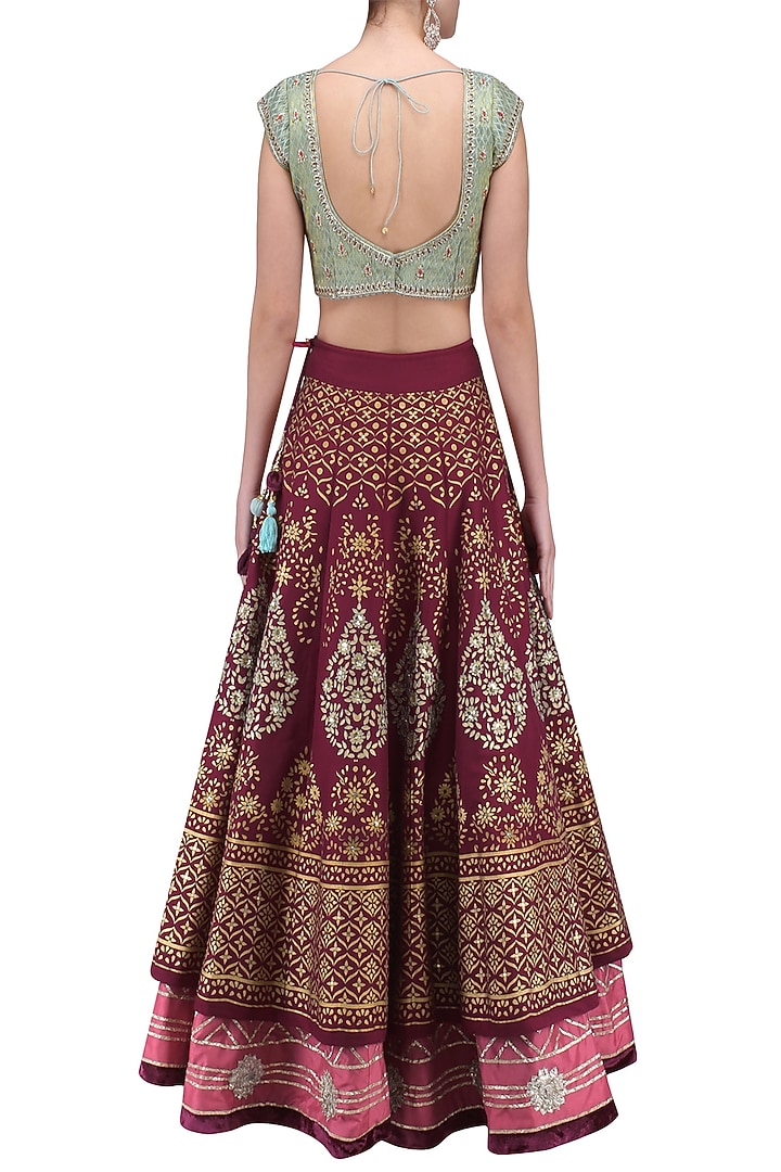 Wine and aqua embroidered lehenga set available only at Pernia's Pop Up Shop.