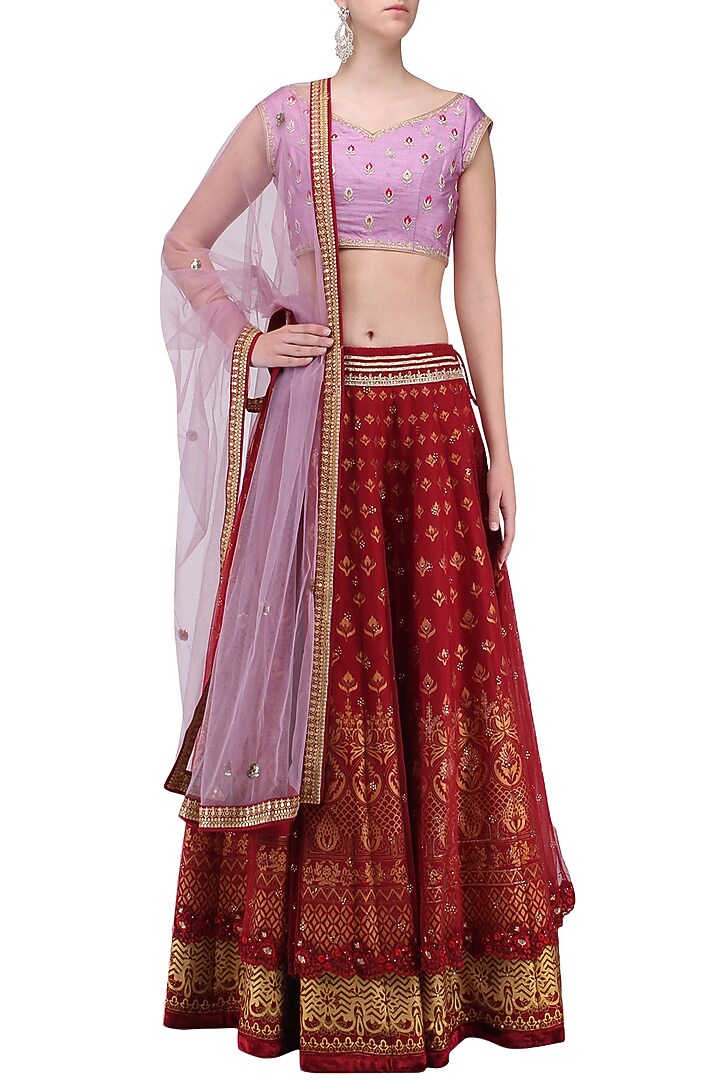 Mauve and maroon embroidered lehenga set available only at Pernia's Pop Up Shop.