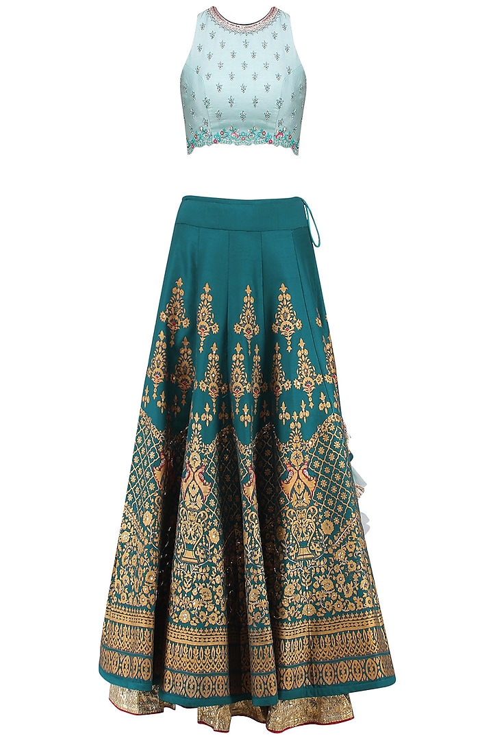 Powder Blue and Teal Embroidered Lehenga Set by KAIA