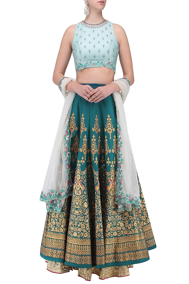 Powder blue and teal embroidered lehenga set available only at Pernia's Pop Up Shop.