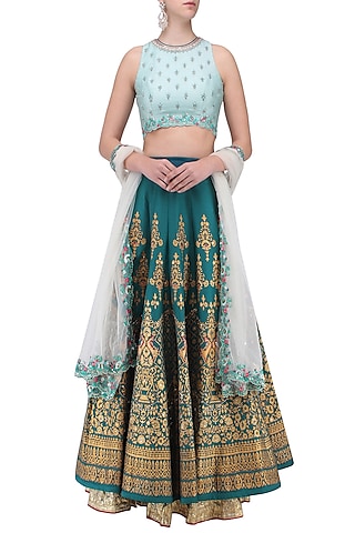 Powder Blue and Teal Embroidered Lehenga Set by KAIA