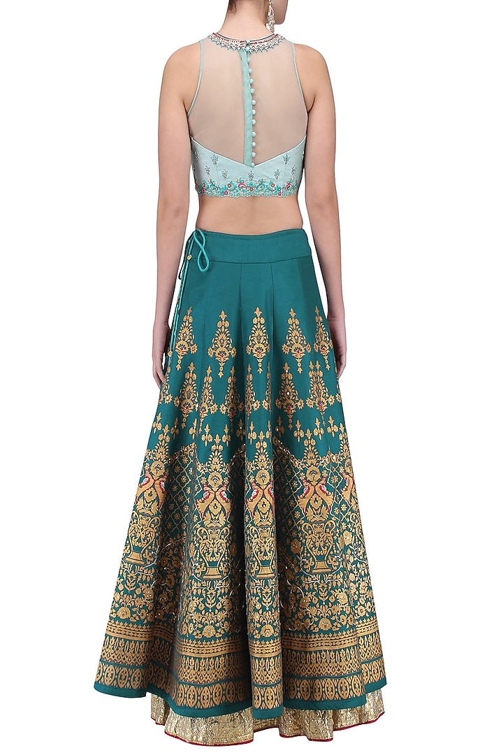 Powder blue and teal embroidered lehenga set available only at Pernia's Pop Up Shop.