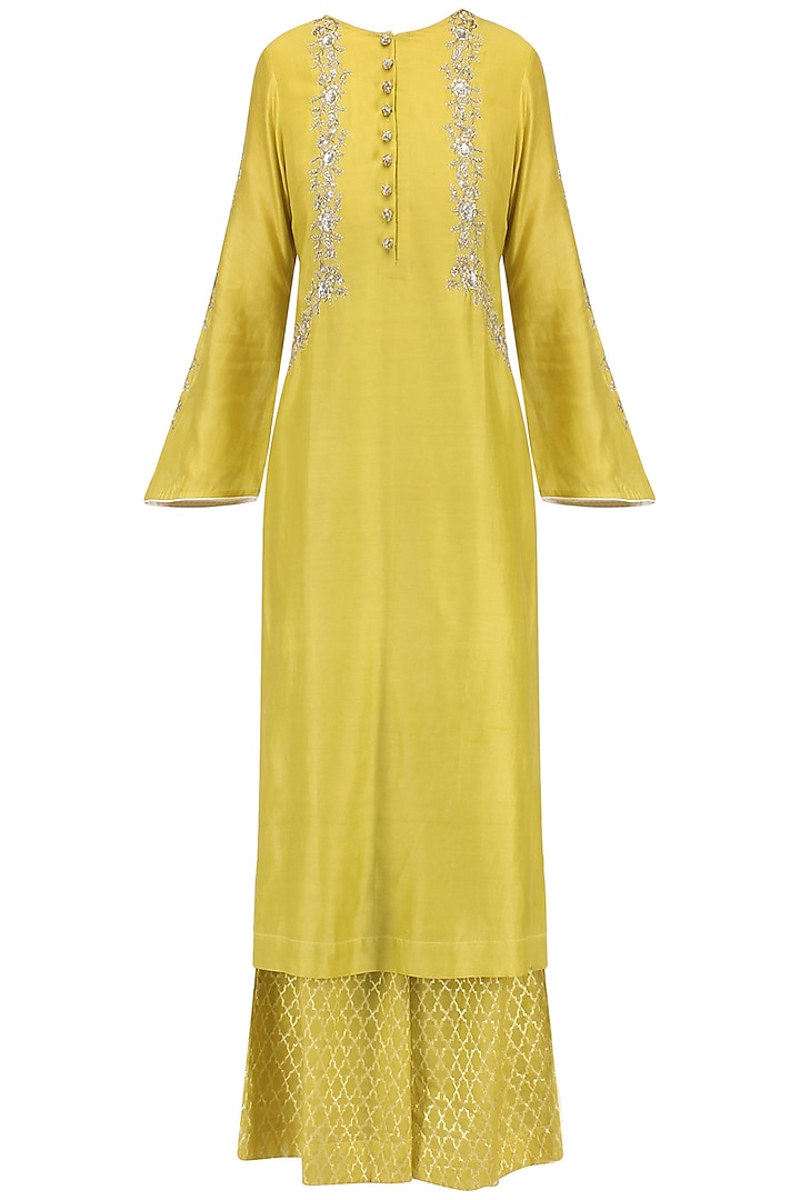 Yellow Mirror Embroidered Kurta with Palazzo Pants Set by KAIA