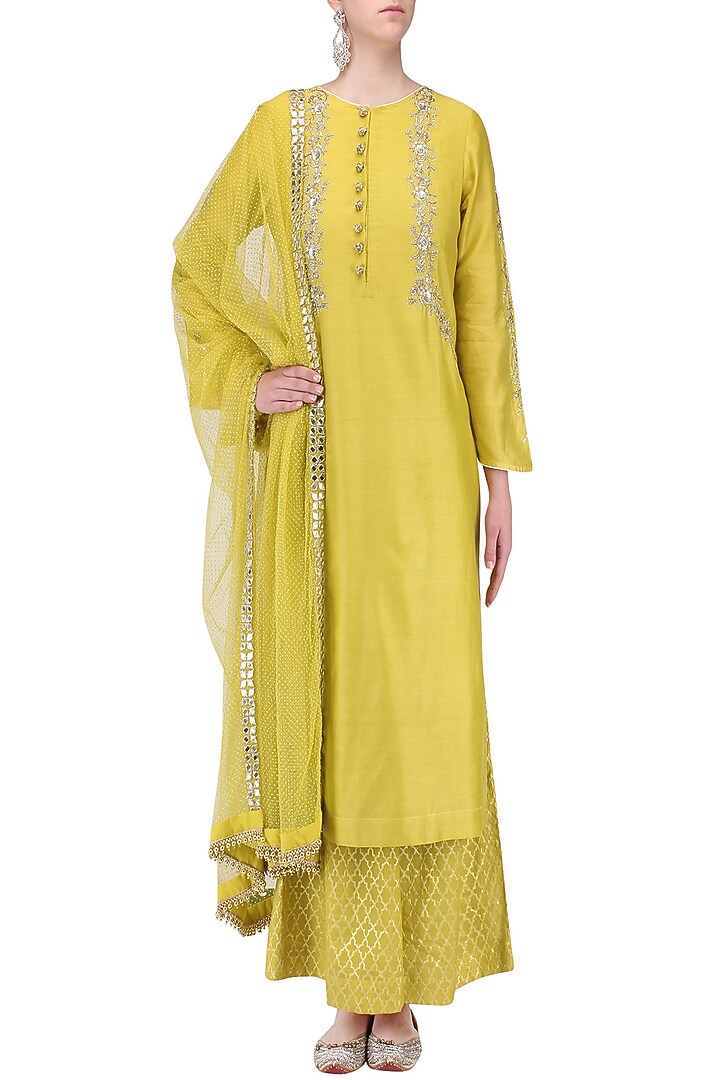 Yellow mirror embroidered kurta with palazzo pants set available only at Pernia's Pop Up Shop.