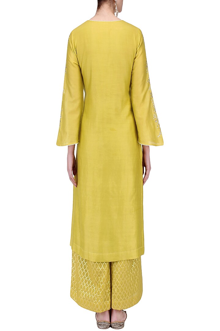 Yellow mirror embroidered kurta with palazzo pants set available only at Pernia's Pop Up Shop.