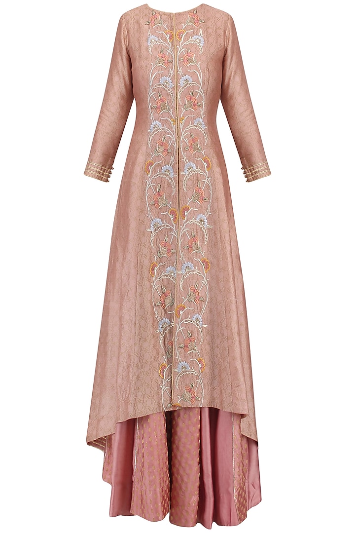 Peach Embroidered Jacket with Sharara Pants Set by KAIA