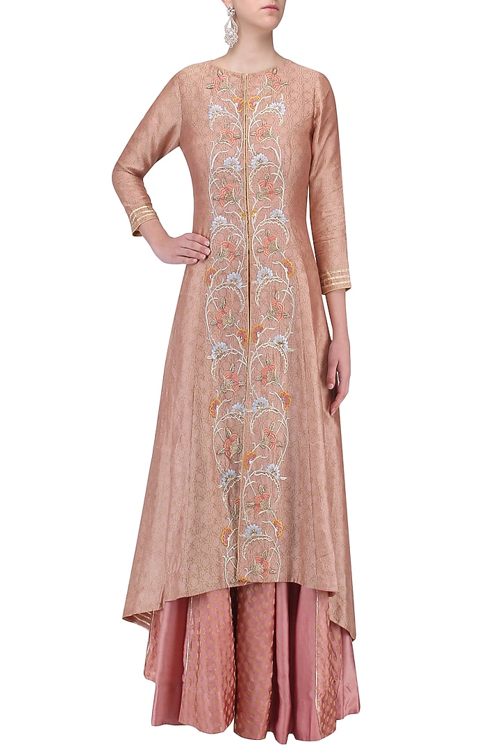 Peach embroidered jacket with sharara pants set available only at Pernia's Pop Up Shop.