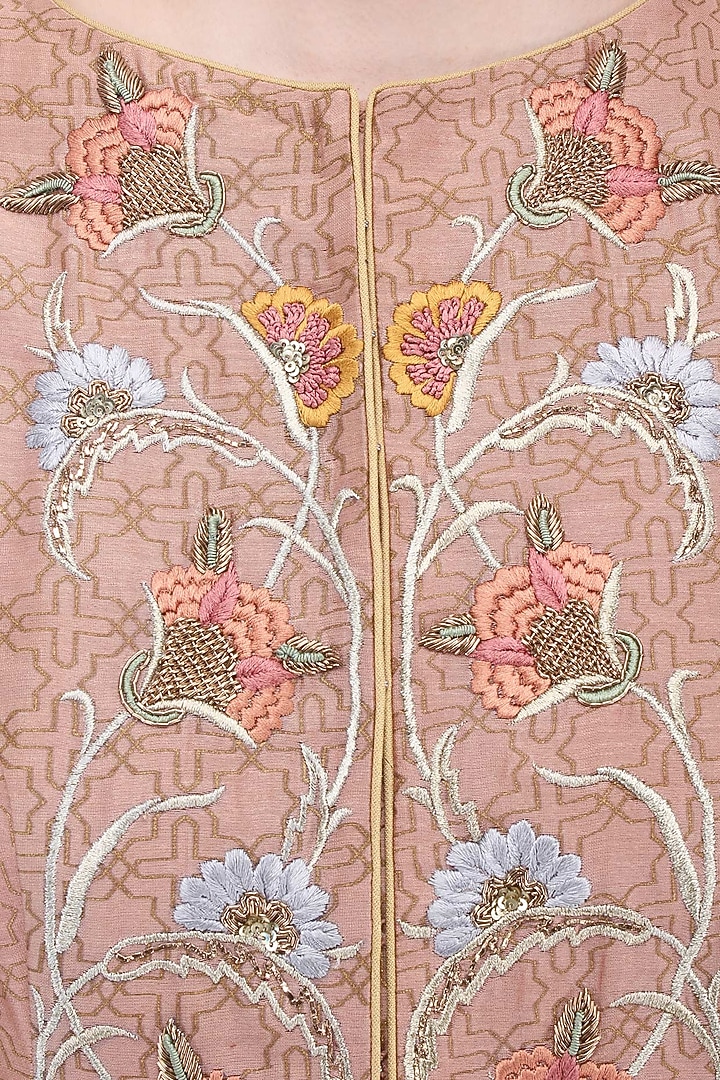 Peach embroidered jacket with sharara pants set available only at Pernia's Pop Up Shop.